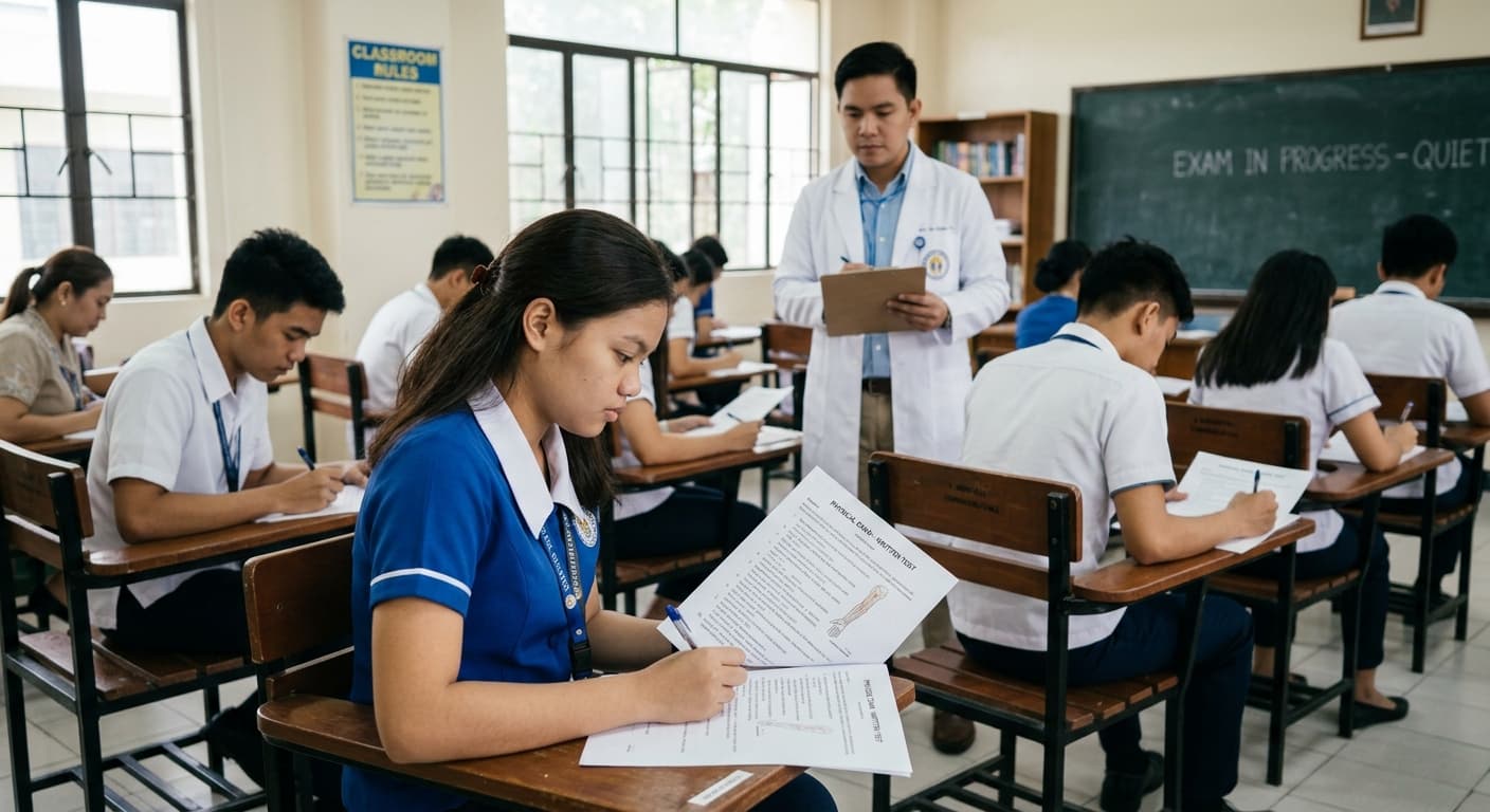 Students taking a written exam in a classroom